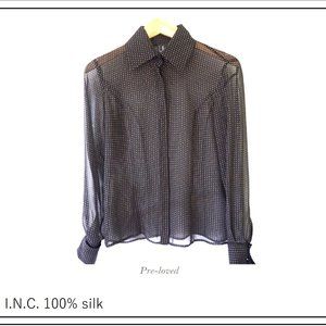 I.N.C. 100% Silk Button Down Polka Dot B&W Blouse